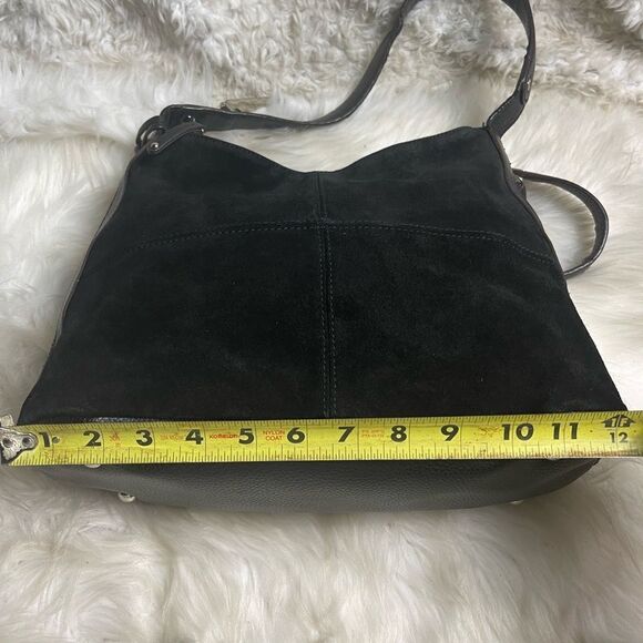 Tignanello leather suede black shoulder bag extended brown suede side zipper. - Picture 10 of 14